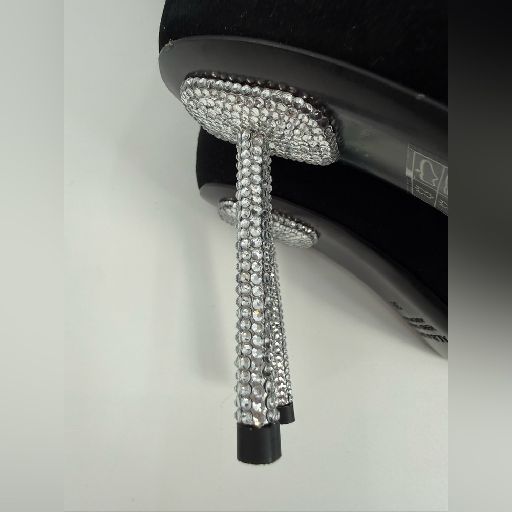 Diane B. Sophisticated Black Suede Knee-High Stiletto Boots with Rhinestone Heel - Picture 3 of 16